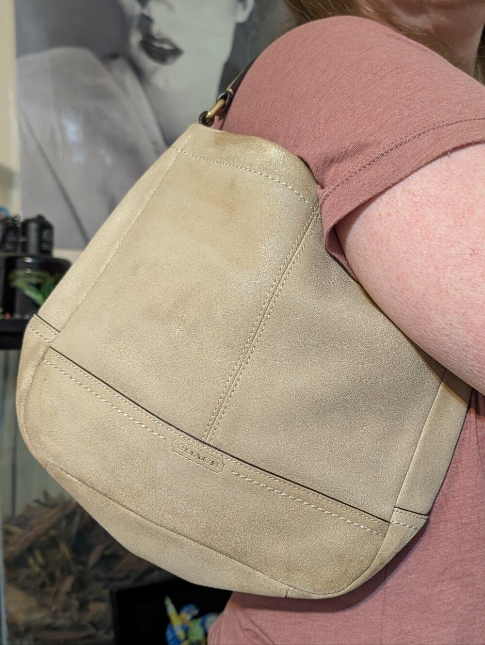 Coach Beige Suede Top Handle Bag with Leather Trim - Picture 12 of 12